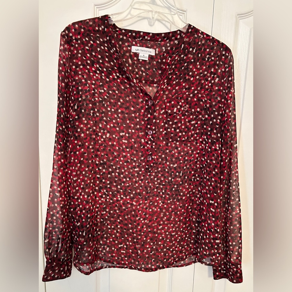Liz Claiborne: Red/black/white sheer pattern blouse, size M